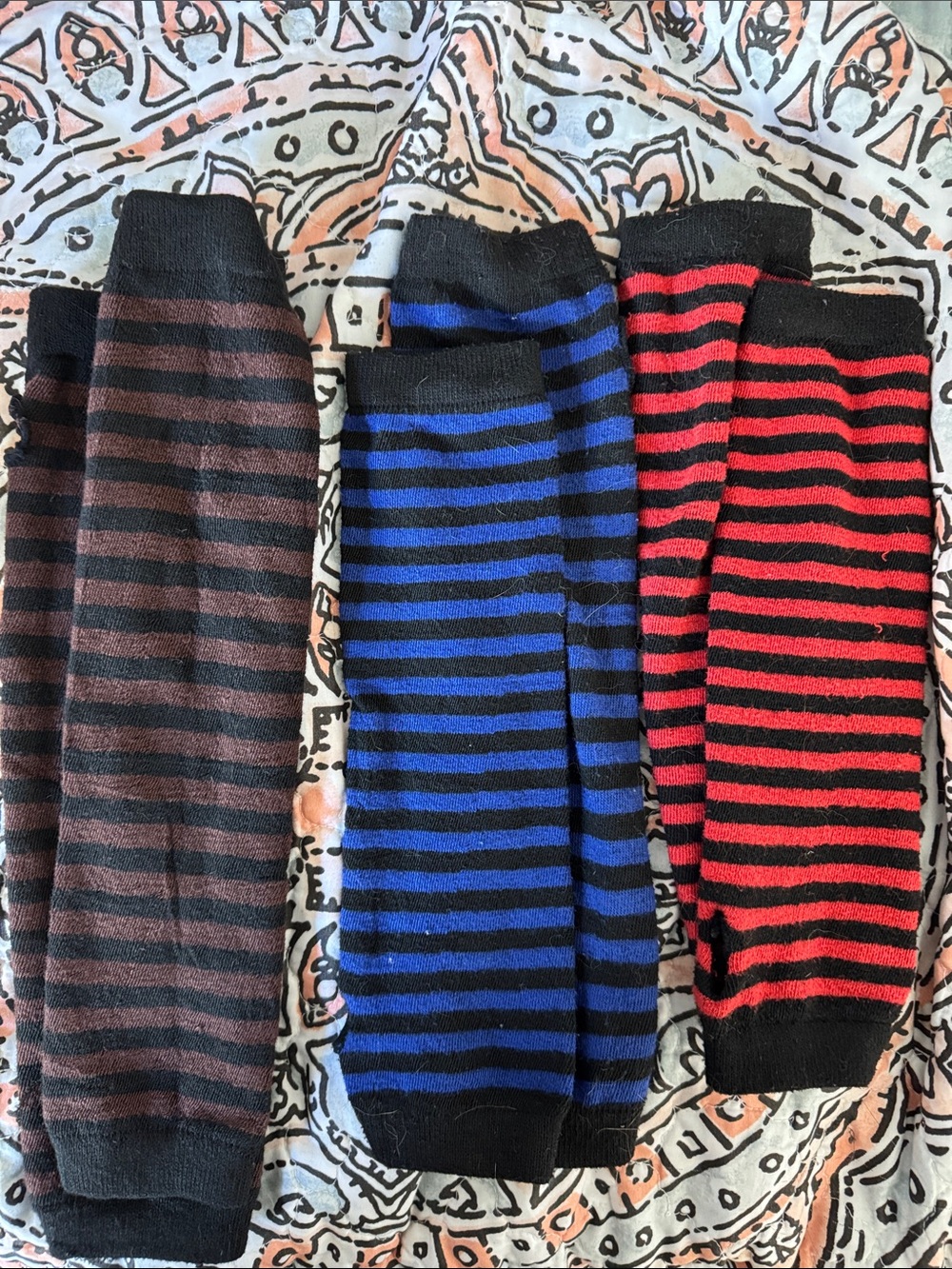 Striped fingerless gloves  - Red, Blue, Brown